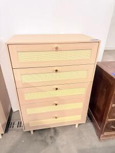 Modern 5-Drawer Chest with Rattan Accents, Light Wood Finish, 31" W x 44.5" H x 18.5" D
