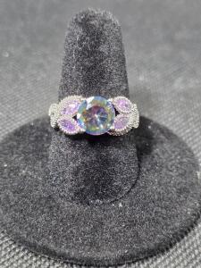 Size 7 Mystic Rainbow Topaz Faceted Round Cut Gemstone Ring