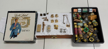 Vintage Men&rsquo;s Cufflinks, Tie Bars, Novelty Accessories Set in Case + 33 Vintage Electrical Fuses