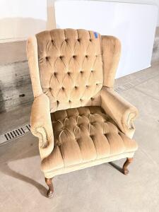 Vintage Tufted Wingback Armchair, Light Brown Velvet, Wood Legs, Nailhead Trim, 42"x32"x30"