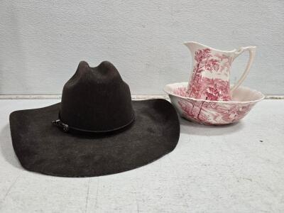 Cody James 3X Wool Felt Western Cowboy Hat 7 1/4 & Alfred Meakin Reverie Pitcher Bowl Set Staffordshire