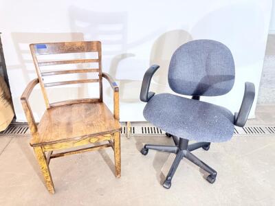 Wood Armchair and Swivel Office Chair Set &ndash; Wood Frame & Upholstered Fabric, Ladder-Back, Casters