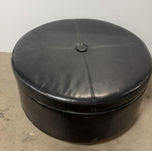 Black Faux Leather Round Storage Ottoman, 36" x 18", Wood Feet, Hidden Storage