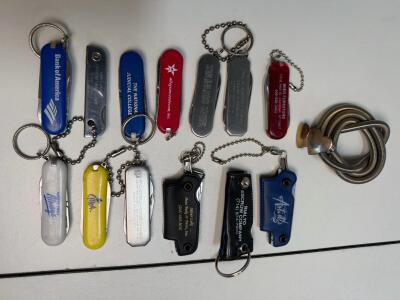 Lot of 13 Vintage Advertising Pocket Knife Keychains & Heart-Shaped Metal Purse Handle