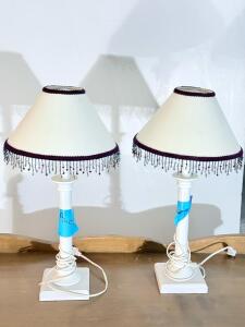 Pair of 20" Table Lamps with Beaded Fringe Fabric Shades, White Base, E26 Socket
