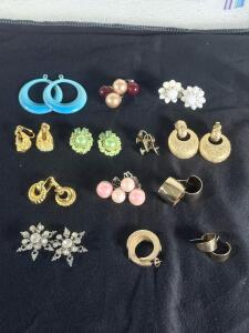 Lot of 10 Vintage Costume Jewelry Earrings, Assorted Clip-On/Stud, Faux Pearl & Rhinestone