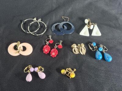 Assorted Vintage Clip-On & Pierced Earrings Lot, 9 Pairs, 1950s-1980s, Mixed Colors & Designs
