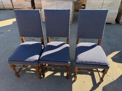 Set of 3 Upholstered Wooden Dining/Accent Chairs, Blue Patterned Fabric