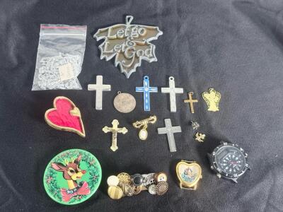 Assorted Christian Crosses, Charms, Watch, Buttons & 'Let Go & Let God' Plaque Lot