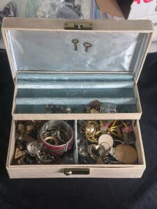 Jewelry Box with Assorted Costume Jewelry, Beige Exterior, Light Blue Interior, Includes Lock and Keys