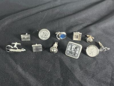 Vintage Mixed Cufflink Lot &ndash; Silver & Gold Tone, Assorted Motifs, Blue Stone, 12 Pieces