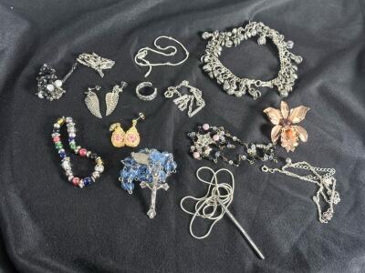 Assorted Fashion and Costume Jewelry Lot &ndash; 12 Pieces, Necklaces, Earrings, Bracelets, Rosary, Brooch