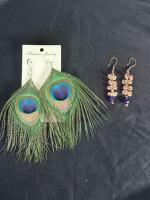 Peacock Feather Dangle Earrings with Fishhook Closure