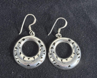 Sterling Silver Circular Dangle Earrings with Cut-Out Design, French Hook Fastening