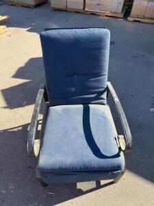 Outdoor Metal Patio Lounge Chair with Dark Blue Cushions, Approx. 28" W x 30" D x 27" H