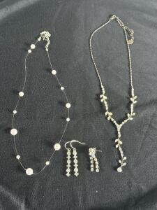Costume Jewelry Set with 2 Necklaces (Pearl Floating & Vine Rhinestone) and 2 Dangle Earrings