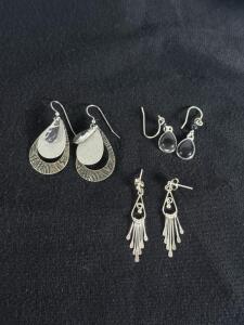 Three Pairs Silver-Tone Dangle and Chandelier Earrings &ndash; Teardrop, Cabochon, and Fringe Styles