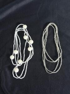 Multi-Strand White and Clear Glass Beaded Necklaces, Four-Strand Layered Statement Jewelry