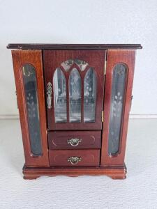 Wooden Jewelry Cabinet with Glass Floral Panels, 2 Drawers, 3 Doors, Dark Cherry Finish