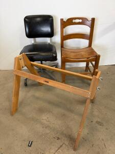 Emeco Vintage Adjustable Swivel Office Chair (1940s, Aluminum, Black), Children&rsquo;s wooden chair and wooden blanket hanger