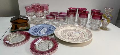 Vintage Indiana Glass Kings Crown Ruby-Stained Glassware Set with Decorative Plates