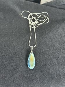 Teardrop Crackle Agate Pendant Necklace, Blue Yellow Stone, Silver-Tone Snake Chain, 18 Inch