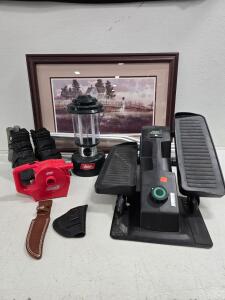 Compact COUNT Stepper Machine, 8 Resistance levels, Coleman latern, air pump, knife and gun type holster, framed art