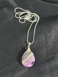 Silver Chain Necklace with Teardrop Pink Agate Gemstone Pendant, 18" Length