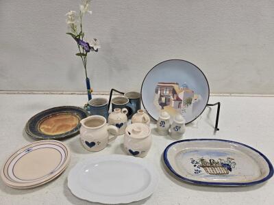 Eclectic Vintage Pottery and Porcelain Tableware Set, Blue Heart & Greek Adonis Plate, 14 Pieces