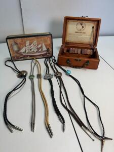 Lot of 6 Vintage Bolo Ties with Decorative Cases (Tin & Wooden 'Shut the Box' Game)