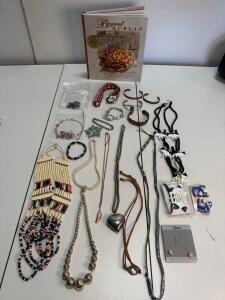 Assorted Vintage & Contemporary Jewelry Lot &ndash; Copper Cuffs, Coin Bracelet, Cameo Earrings, Cat Pins, Beaded Necklaces & Cookbook
