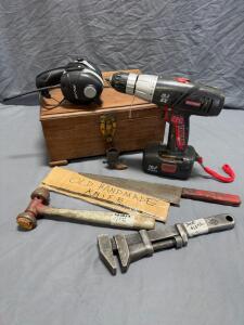 Vintage J.H. Williams & Co. 15" Railroad Special Adjustable Wrench, Wooden box, Craftsman drill