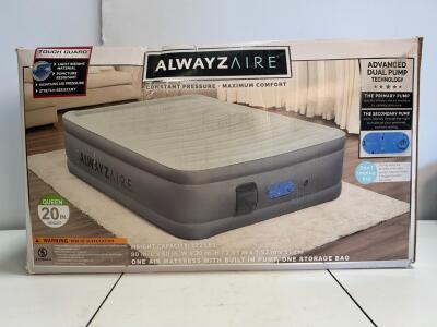 AlwayzAire Queen Air Mattress 20" Tall, Dual Built-in Pump, 772 lbs Capacity, USB, Tough Guard In Original Box