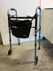 NOVA Folding Walker with Wheels, Adjustable Height, 300 lb Capacity, Bag, Blue Aluminum ** New**