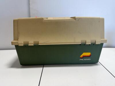 Plano Three-Tray Tackle Box with Assorted Vintage and Modern Fishing Lures