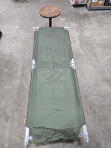Folding Military-Style Cot, Aluminum Frame, Olive Drab, 77"x25"x17", Heavy Duty Canvas, Small wooden side table