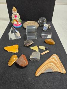 Mixed Lot: Crystal Prisms, Polished Stones, Hanuman Figurine, Decor Plate, Asian Artifacts