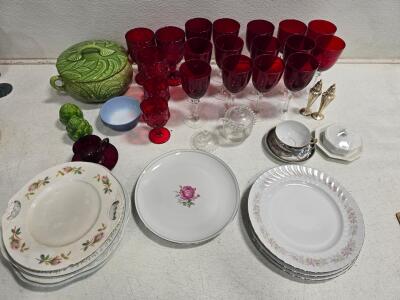 Vintage Mixed Floral Porcelain Dinnerware Set and Ruby Red Glass Goblets (34 Piece Assortment)