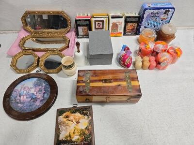 Vintage Mirrors, Framed Wall Art, 8-Track Tapes, Candles, Frosty checkers Tin & Boxes Lot, 1970s-90s