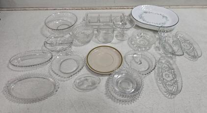 17-Piece Vintage Glass & Corelle Serving Set &ndash; Candlewick Style, Pressed Glass, Floral Plates