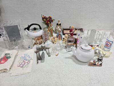 Vintage Kitchenware & Collectibles Lot: Teapots, Glassware, Figurines, and More