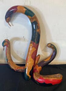 Handcrafted Painted Folk Art Wooden Snake Sculptures, Colorful Curved Design, 24&ndash;36 Inch Length