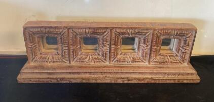 Antique Ornate Wood Architectural Transom Panel with 5 Pressed Glass Insets, 28&rdquo;