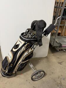 TaylorMade RBZ Stage 2 Golf Cart Bag Set w/ Adams, Dunlop, PowerBilt Clubs + 3-Wheel Push Cart