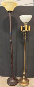 Pair Floor Lamps: Bronze Modern w/ Scalloped Shade & Brass Candelabra 68-71" **Tested**