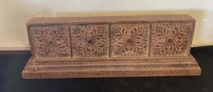 Antique Hand-Carved Wood Architectural Panel Mantel with Four Ornate Relief Tiles, 26&rdquo;