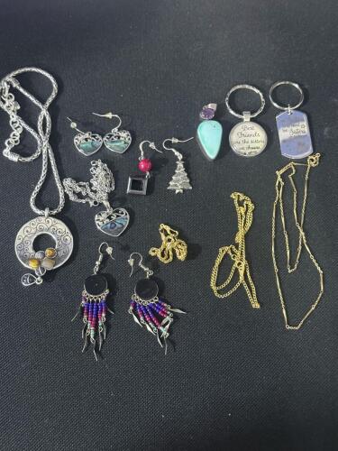 Mixed Costume Jewelry Lot - Necklaces, Earrings, Keychains, Abalone Shell & Beaded Styles