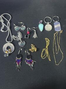 Mixed Costume Jewelry Lot - Necklaces, Earrings, Keychains, Abalone Shell & Beaded Styles