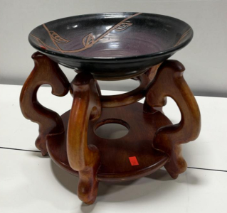 Signed Holly Maas Ceramic Bowl with Vine Motif + Carved Wood Stand 9" USA Contemporary