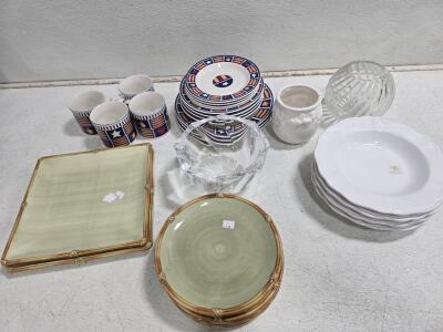 Mixed Tableware Lot &ndash; Italian White Plates, Folk Art Dinnerware, Green Bamboo-Style, Glass Bowls